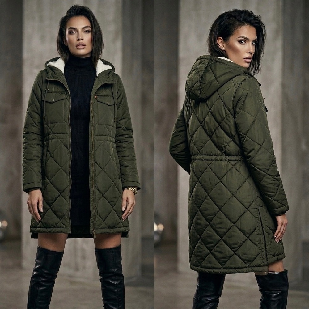 Levis Womens Olive Green Diamond Quilted Hooded Parka Jacket Coat LW3CP342 Large